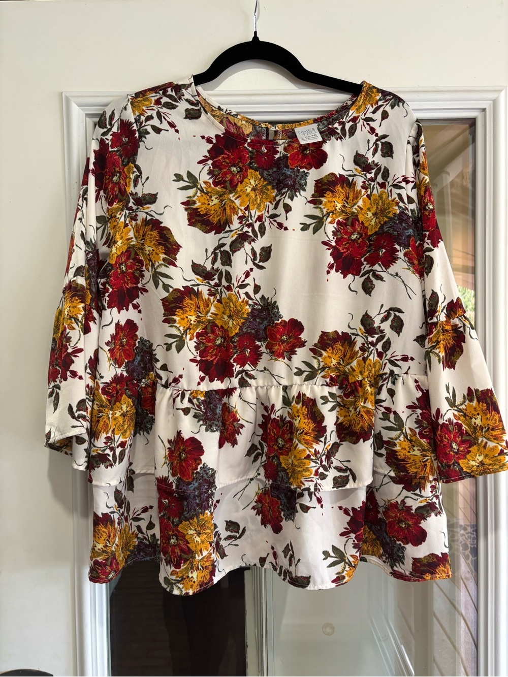 Time and Tru Cream Tunic Top with Red & Mustard Floral Print